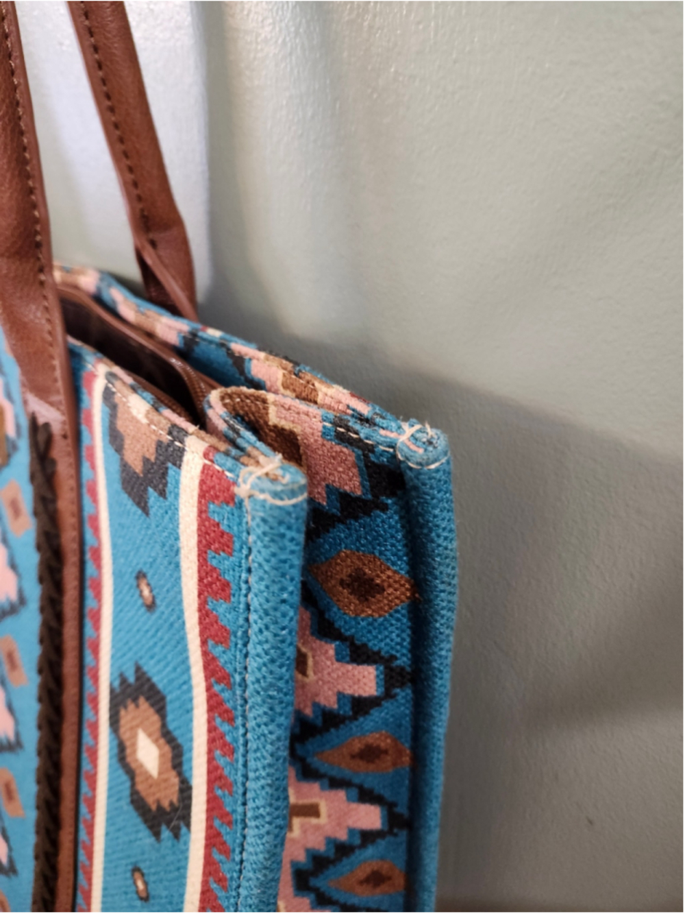 Women's Wrangler Tote Bag One Size Blue Brown Southwestern Pattern - Picture 4 of 15